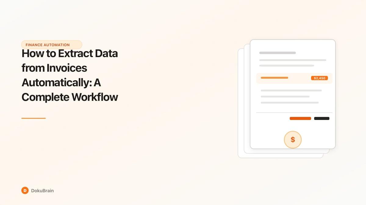 Invoice document with AI extraction arrows pointing to structured data fields ready for accounting system import