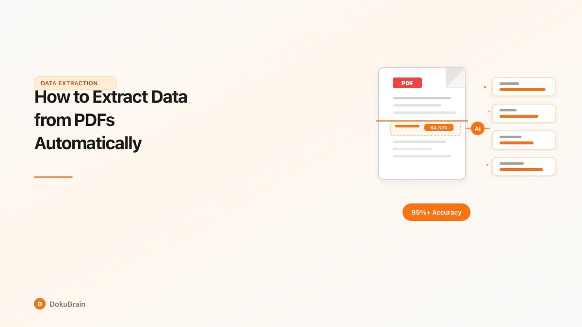 Illustration of a PDF document being scanned by AI, with structured data fields — invoice numbers, dates, amounts — extracted and flowing into a spreadsheet