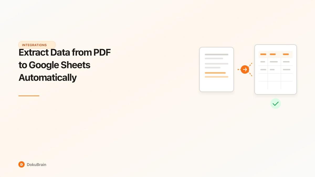 Illustration of a PDF document flowing into a Google Sheets spreadsheet with extracted data cells