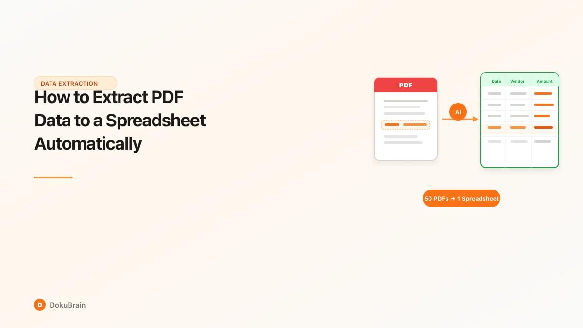 Illustration of a PDF document transforming into a structured spreadsheet with extracted data fields flowing between them