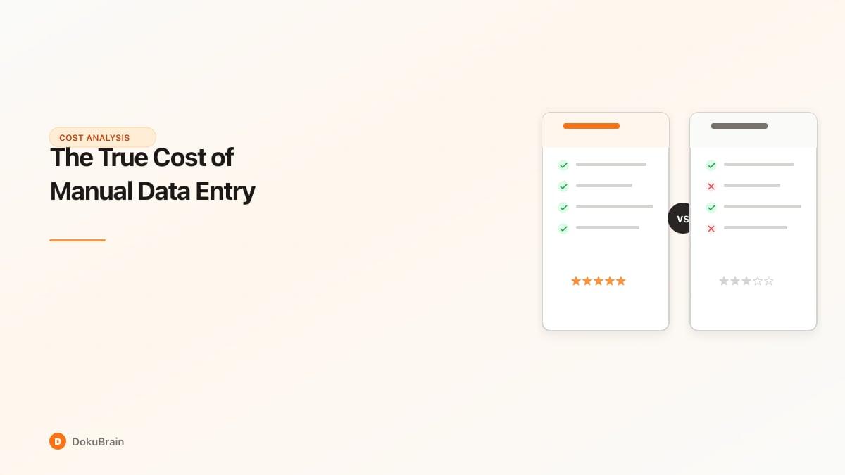 Side-by-side comparison panels contrasting manual versus automated data entry costs
