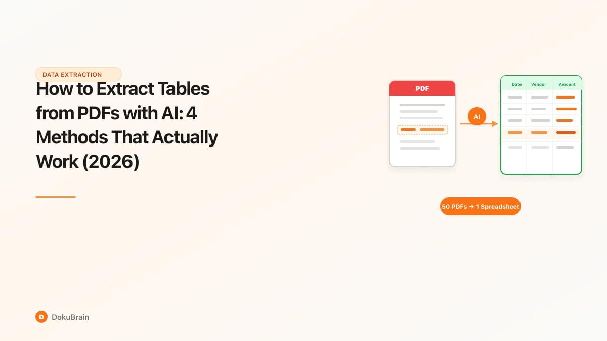 Four methods for AI PDF table extraction shown as a decision flowchart from chatbots to dedicated platforms
