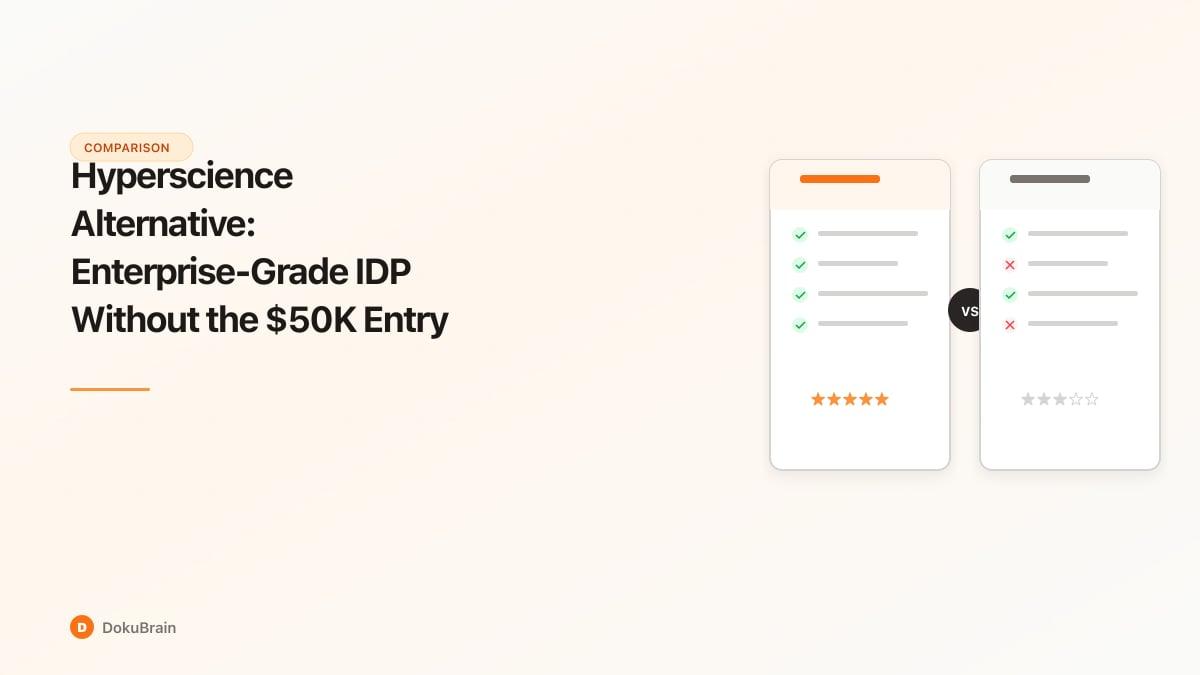 Scale showing $50K enterprise pricing on one side versus self-serve document intelligence on the other